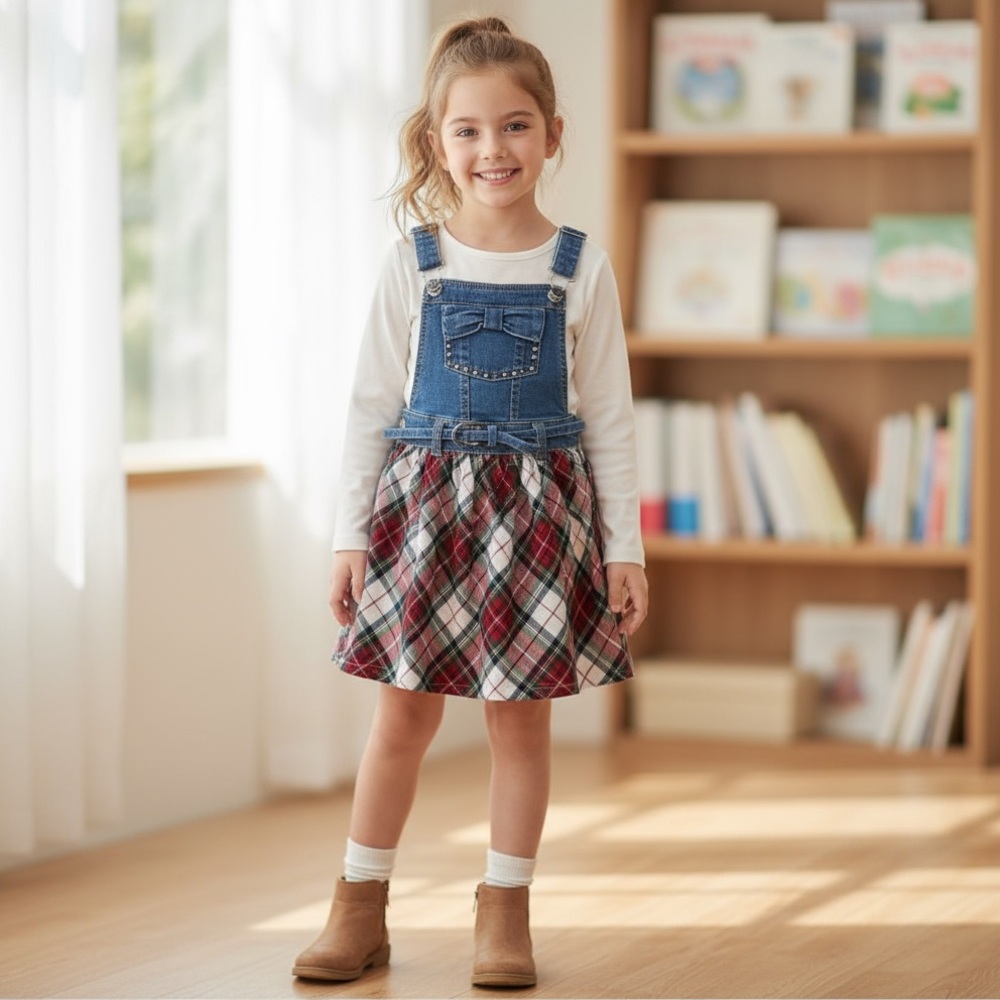 🍭Mayoral of Spain Girls Plaid Skirted Denim Overalls Size 5